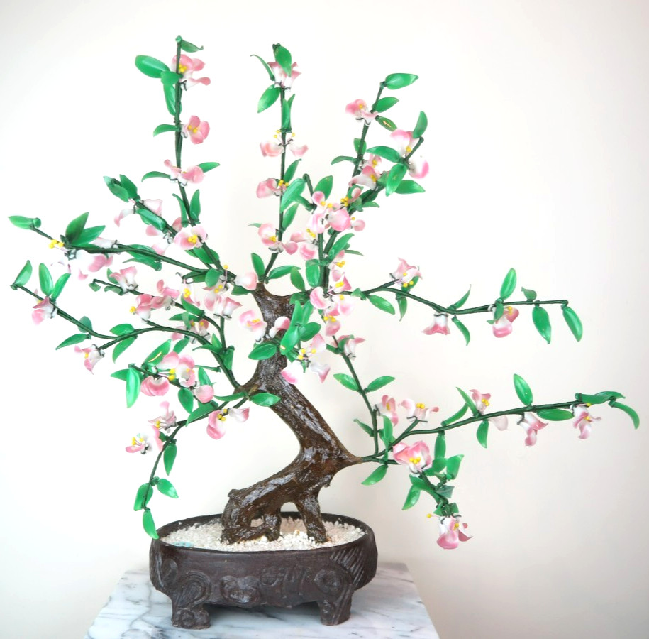 Glass Artificial Flowers Bonsai Plant – Pink White Green Porcelain Pot 18″H New
