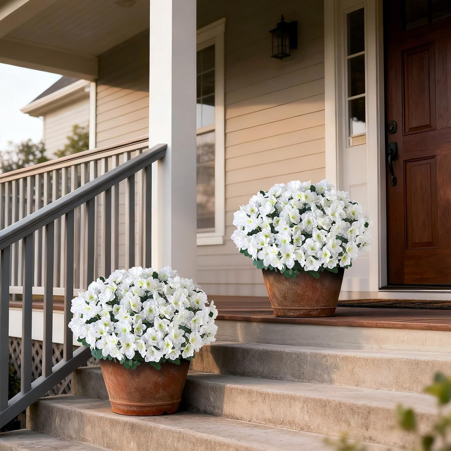 Set of 2 White Artificial Azalea Topiary Trees for Outdoor Decor
