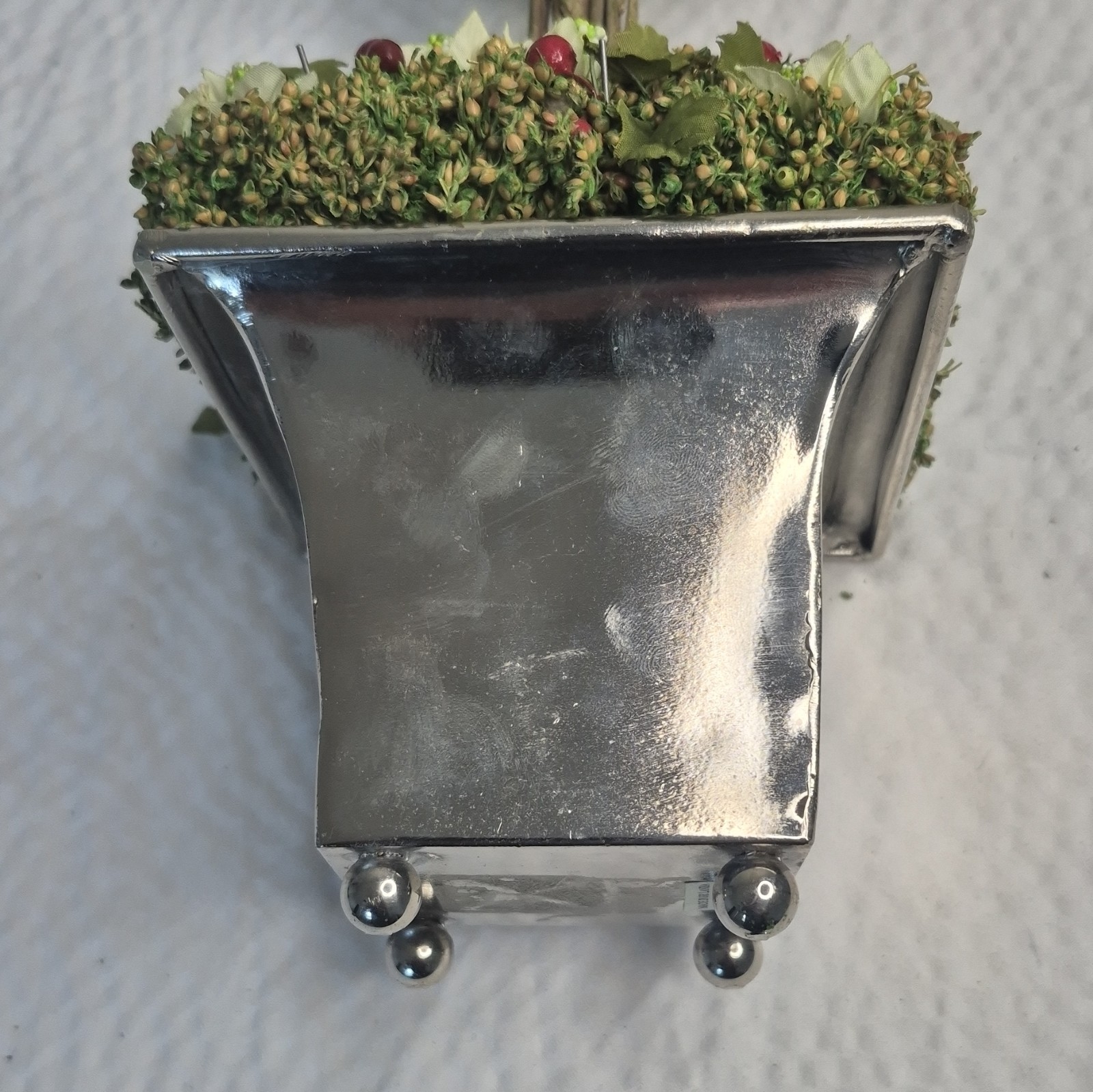 Artificial Double Ball Topiary in Silver Metal Planter Pot 11 in