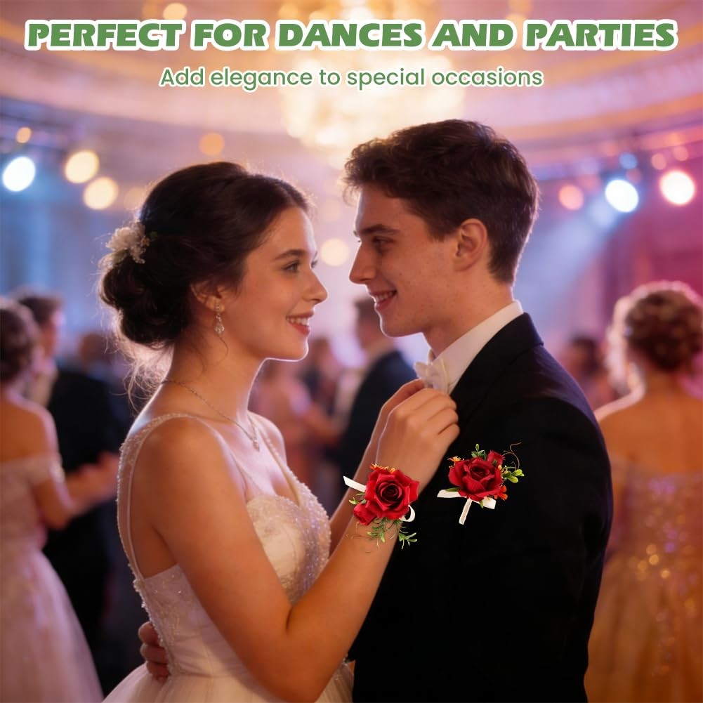 Wrist Corsage And Boutonniere Set Prom Artificial Flowers Wedding Red 2 PCS