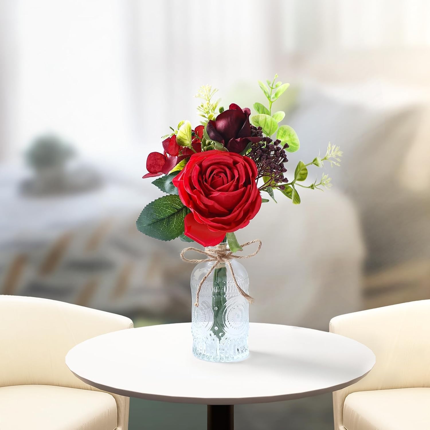 Artificial Flowers with Vase – Small Red Fake Plants Faux Silk Flower Arrange…
