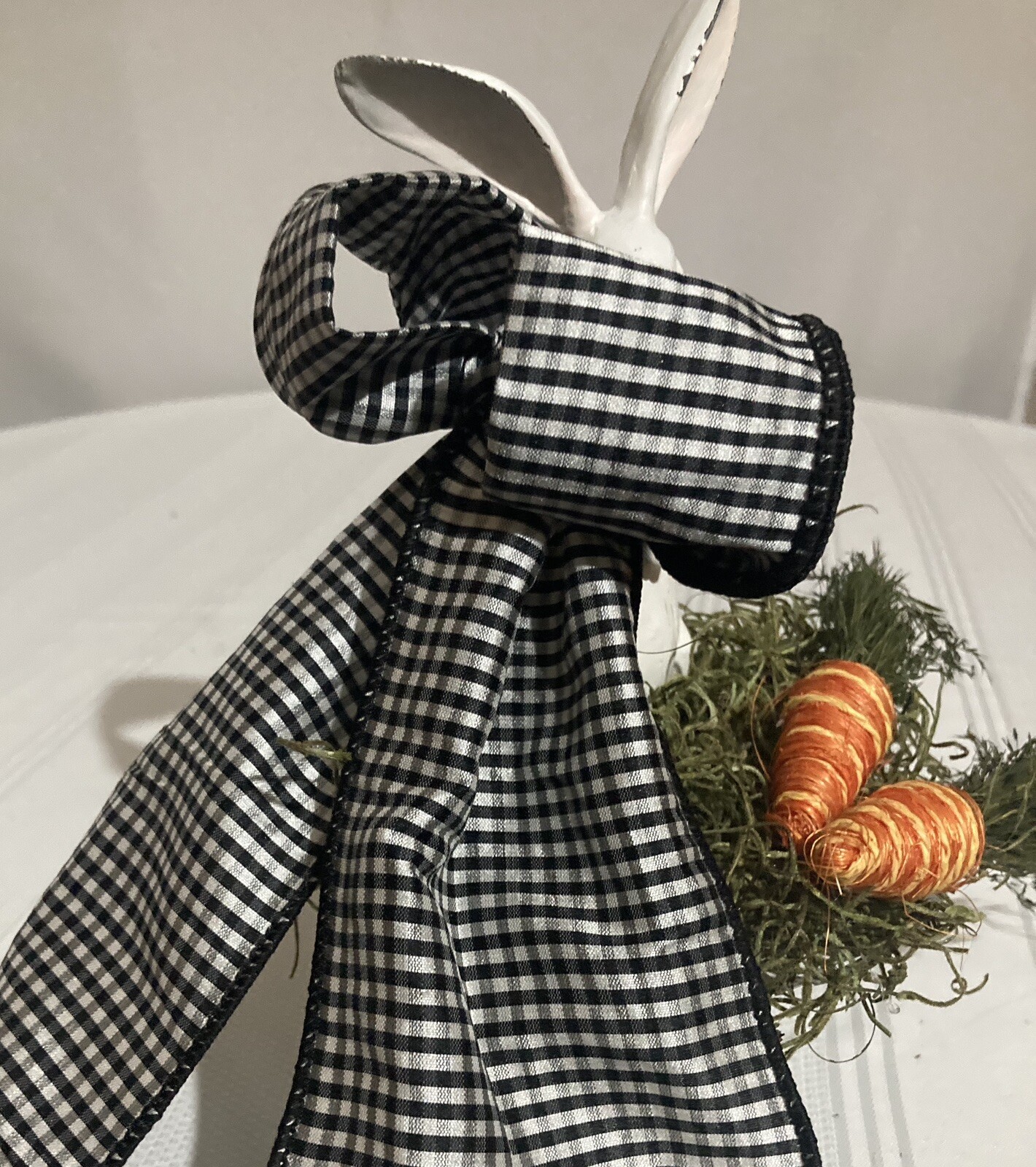White Bunny With A Black And White Checked Scarf Floral Arrangement