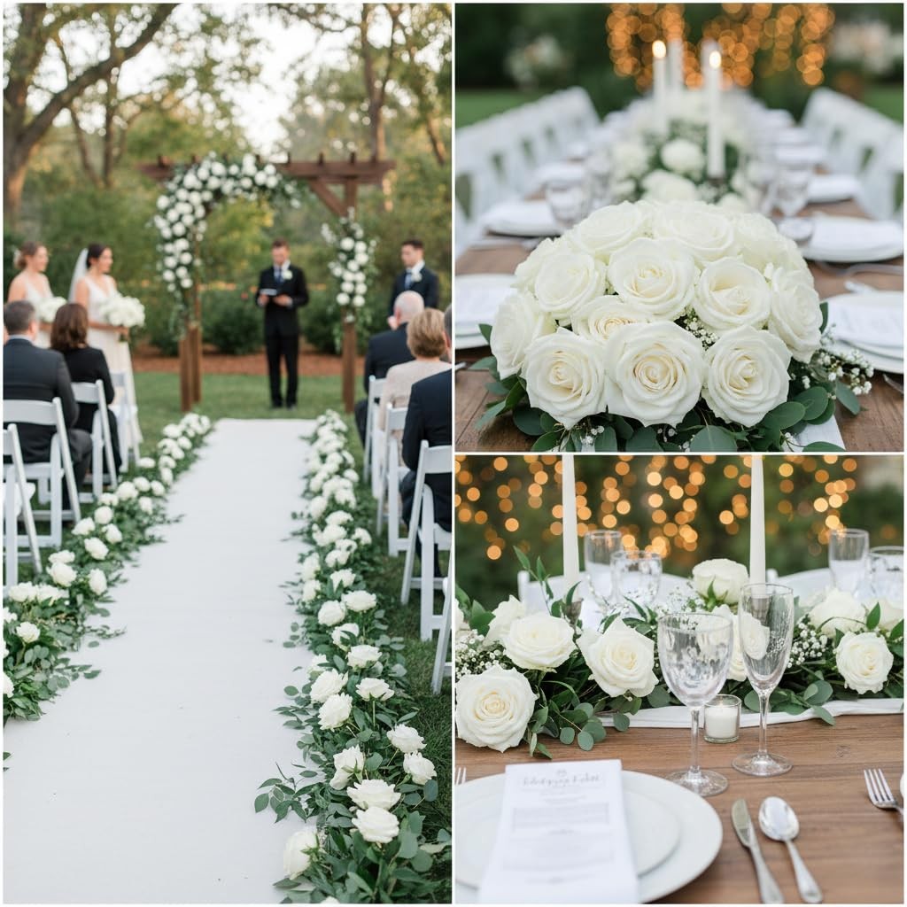 100 Pcs White Rose Artificial Flowers Bulk, Ivory Silk Fake Roses with Long S…
