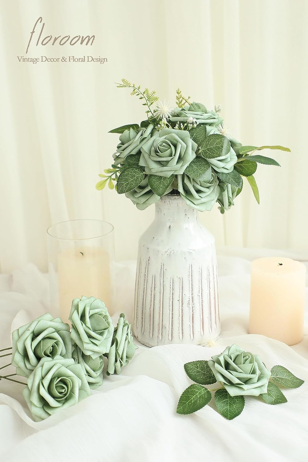 Artificial Flowers 25Pcs Real Looking Elf Green Foam Fake Roses with Stems fo…