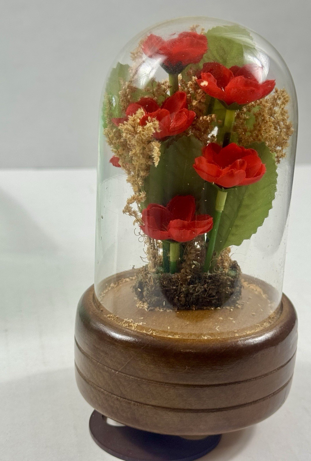 Artificial Red Rose Flower Arrangement in Glass Dome with Wood Base, 6 in Tall