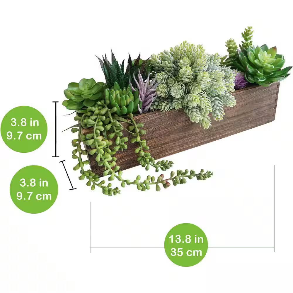 4 In. Brown Indoor Artificial Succulent Centerpiece Rustic Rectangular Wooden Pl