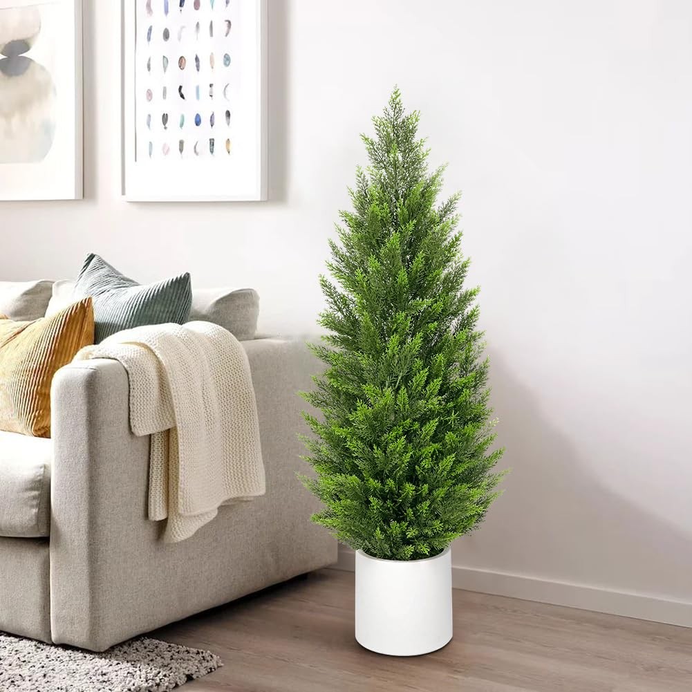 4ft Artificial Cedar Topiary Trees, Set of 2 Realistic Faux Cypress Outdoor P…