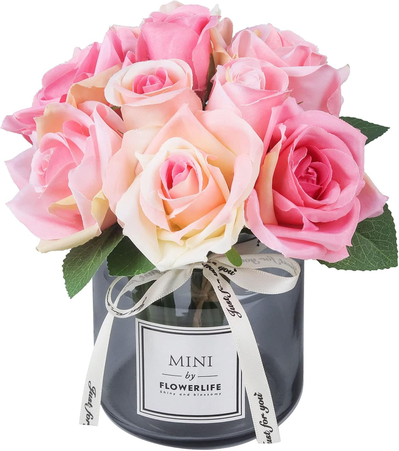 Artificial Flower and Glass Vase, Silk Rose Flower Glass Bottle Set, Suitable fo