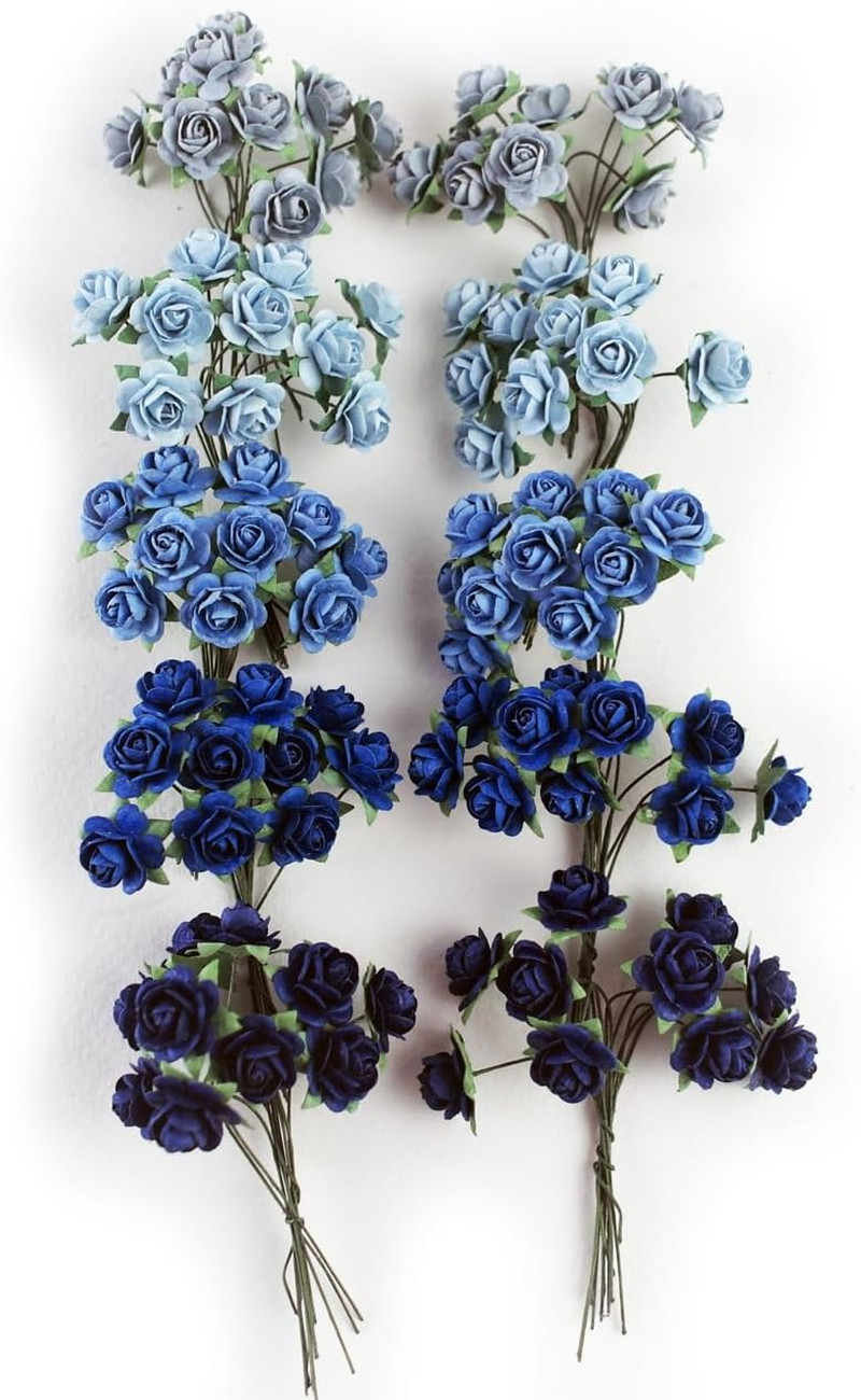 100 pcs Tiny Artificial Roses Mixed Dark and Light Blue Shade Five Color Mulberr