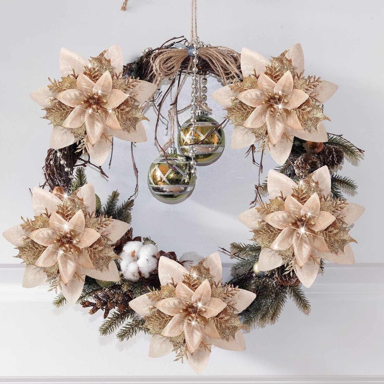 36 Flores De Nochebuena Artificiales Decorativas Con Clips, Oro Champán NEW US.