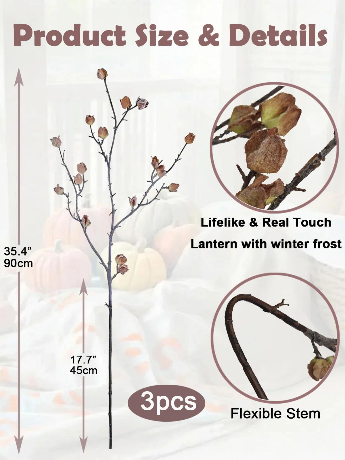 3Pcs Realistic Faux Berry Stems for Tall Vases, 35.4 Inch Bendable Brown Bran…