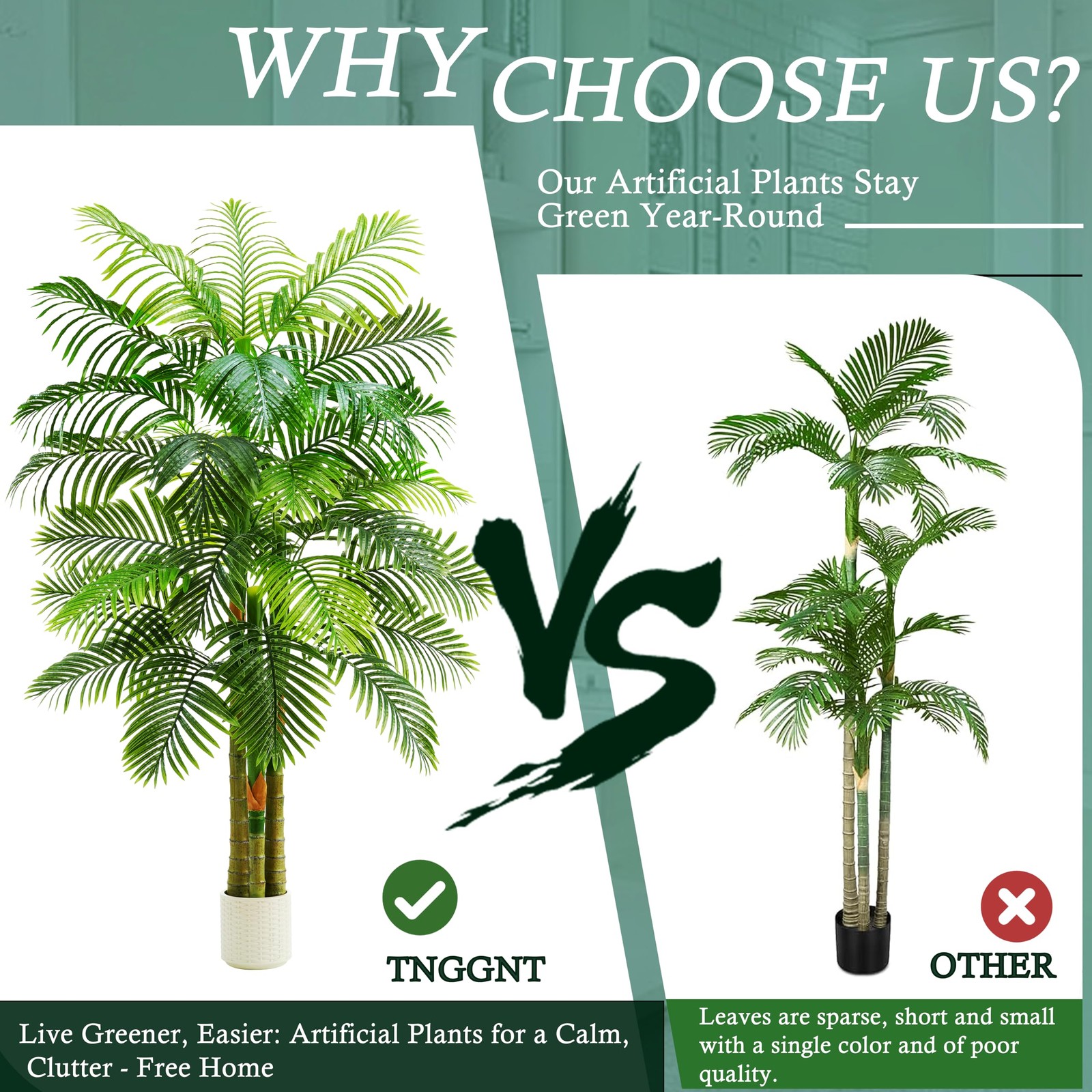 TNGGNT Artificial Golden Cane Palm Tree：6T Fake Large Tropical Areca Palm Trees