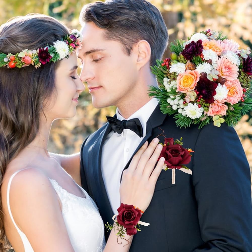 Wrist Corsage And Boutonniere Set Prom Artificial Flowers Wedding Red 2 PCS