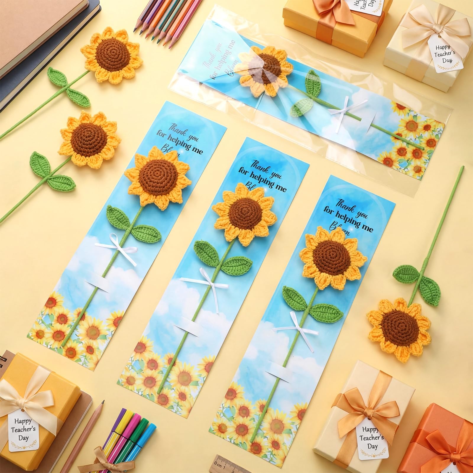 12 Sets Back to Teacher Gifts Crochet Sunflower Gifts 12″ Handmade Knit Sunfl…