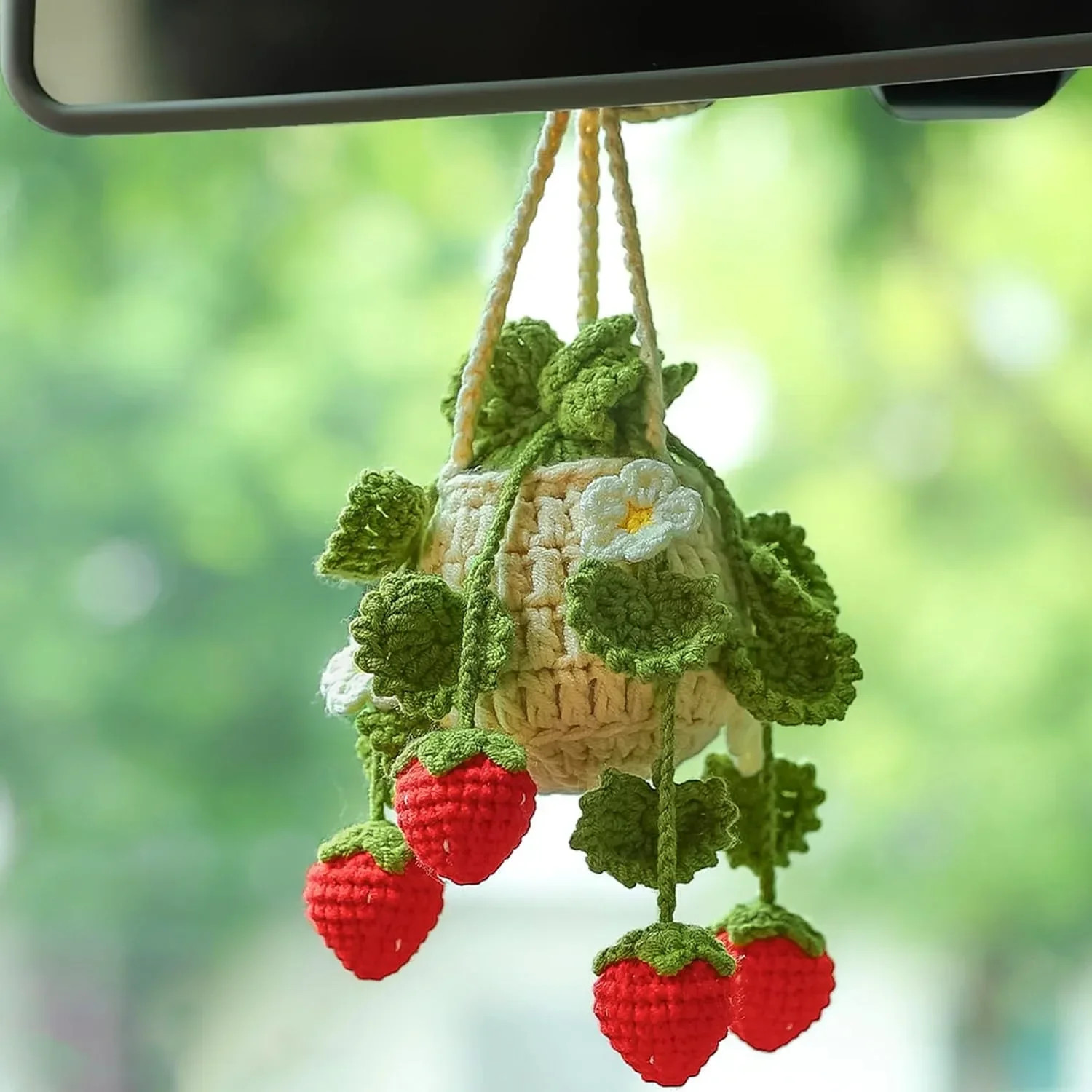 Car Crochet Hanging Plant Basket Strawberry Ornament Rear View Mirror Decor