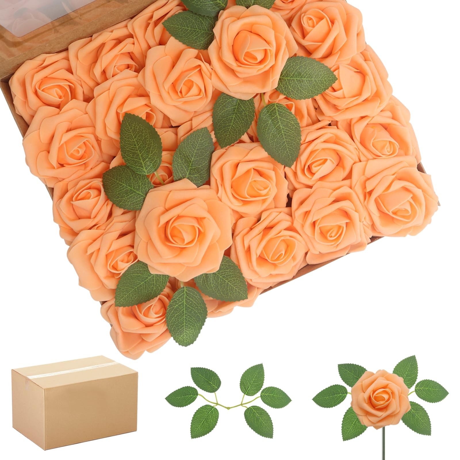 200PCS Orange Realistic Roses – Artificial Latex Foam Flowers with Bendable S…
