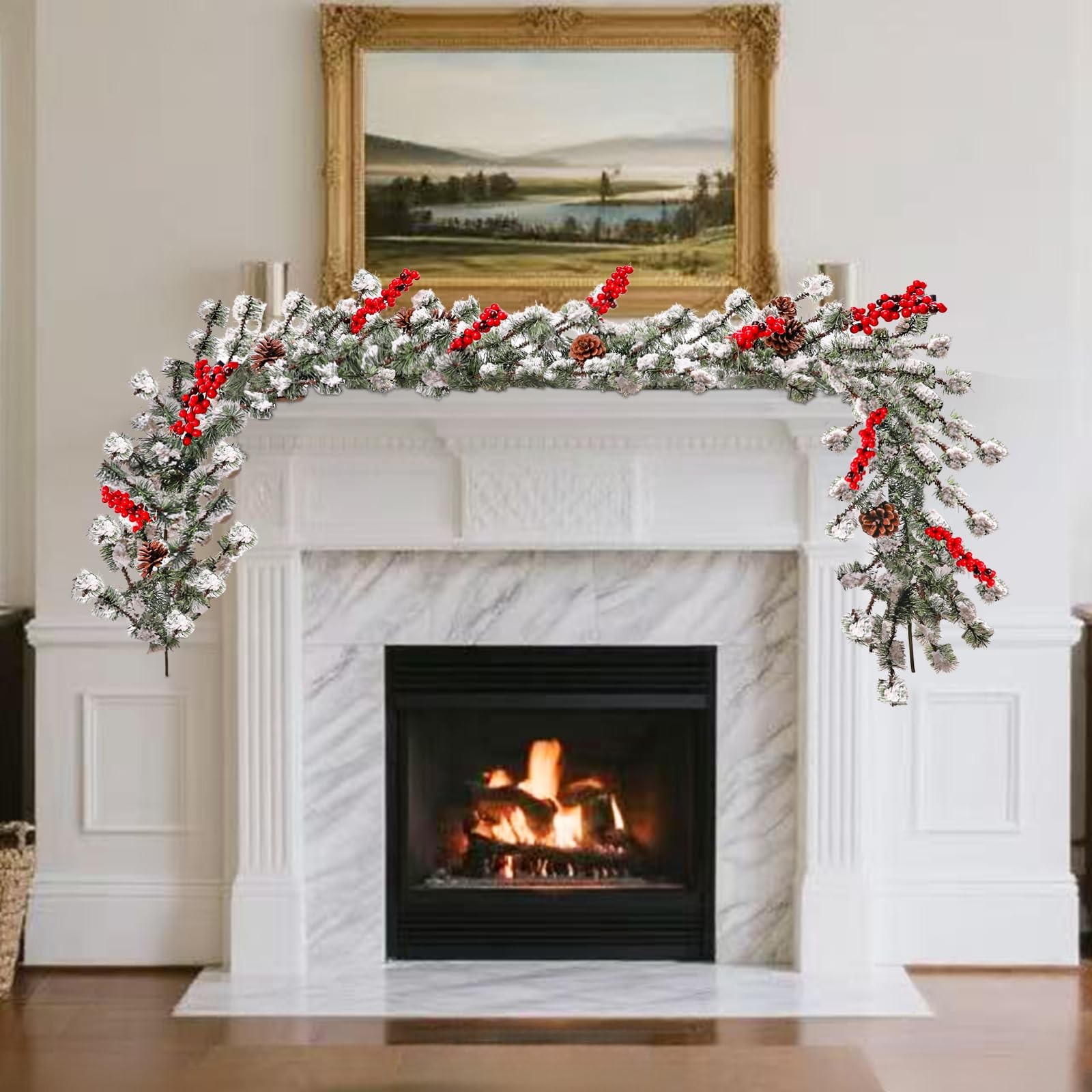 6ft Frosted Evergreen Christmas Snowed Pine Garland – Red Berries and Pinecon…