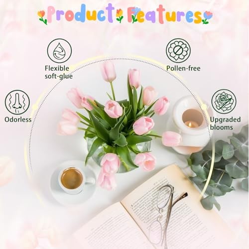 15PCS 15.75″ Artificial Tulips, Premium Latex Natural Feel 15pcs Light Pink