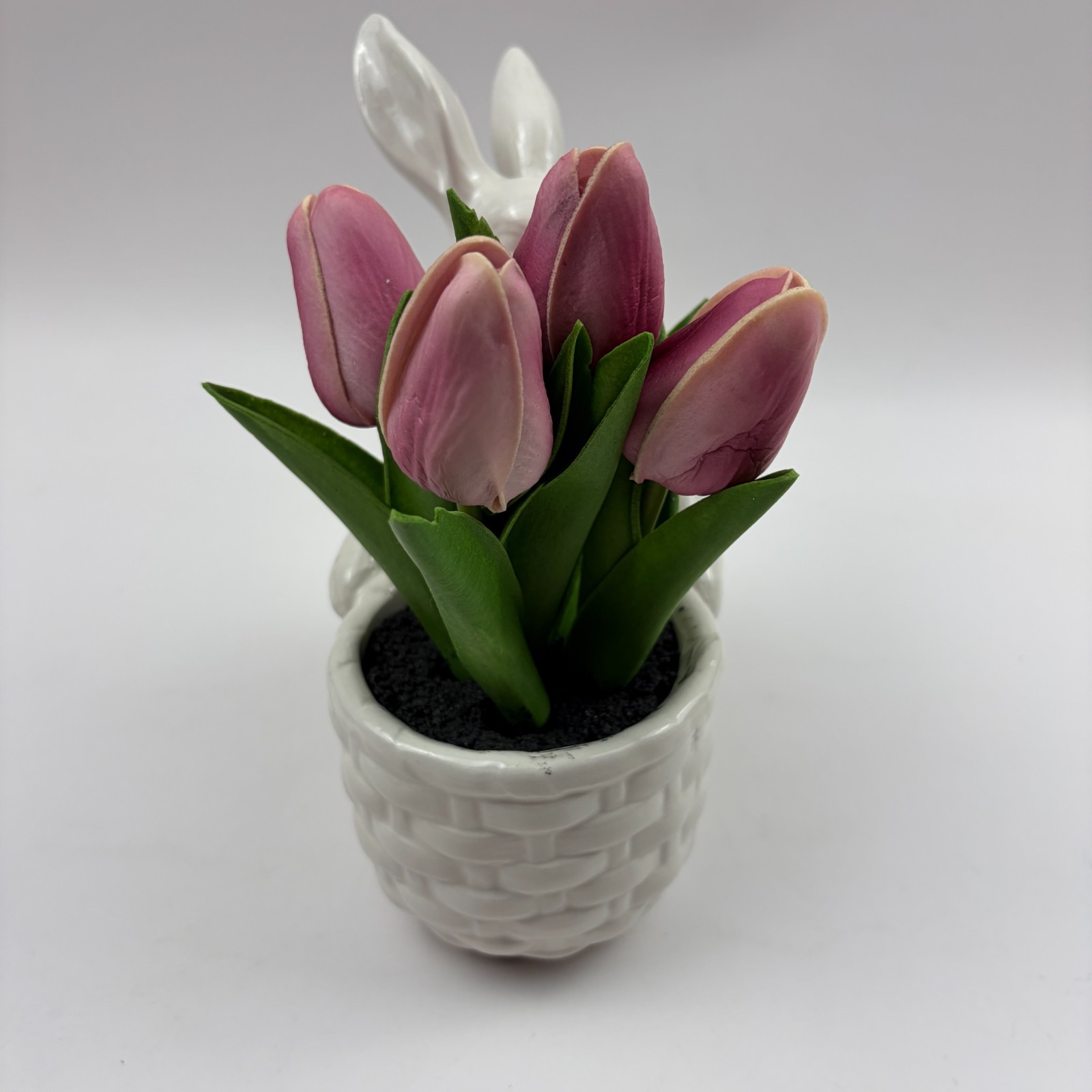 Easter Bunny Ceramic Planter Pink Tulips Spring Decor Table Centerpiece