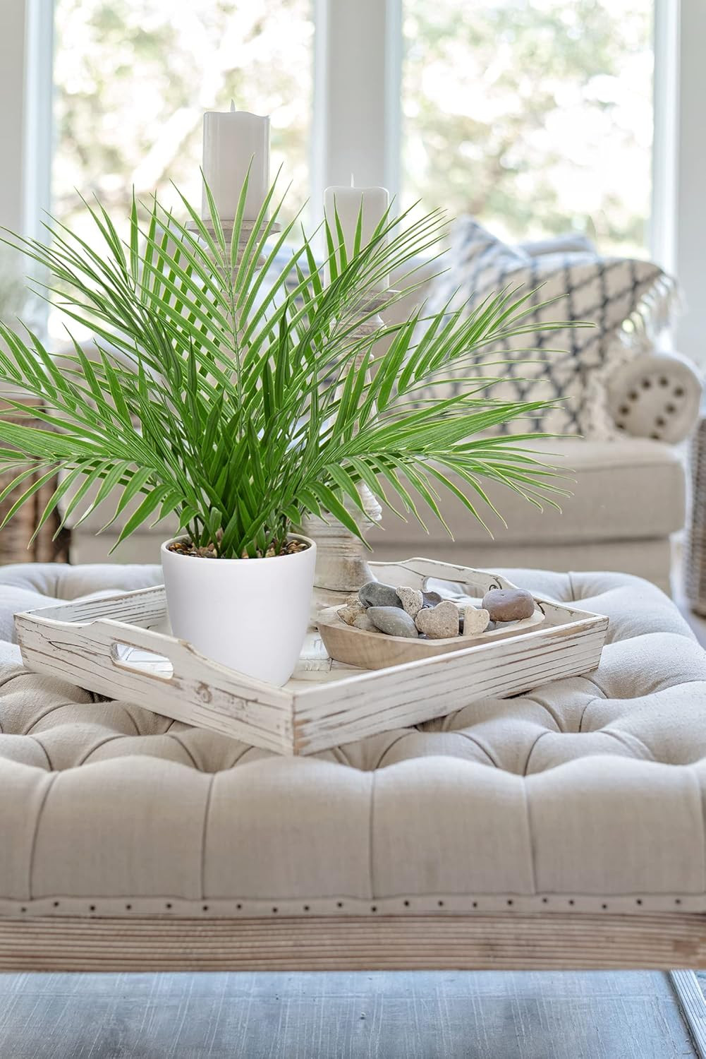 Fake Plant 15’’ Artificial Palm Plant in White Pot Real Touch Faux Tropical Palm