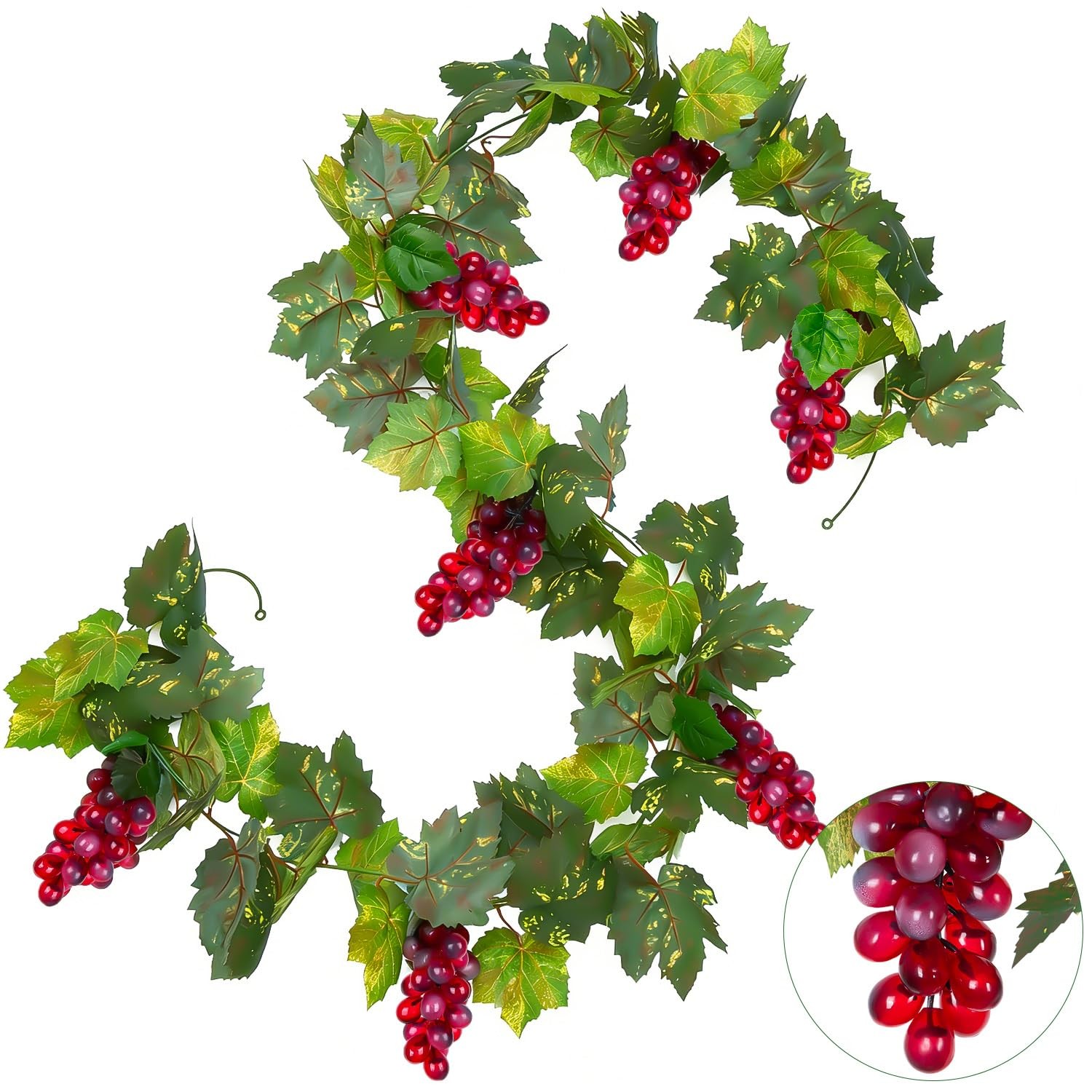 6.6FT Artificial Grape Vine Leaf Garland Plant with 7 Strings Grapes, Fake Ar…