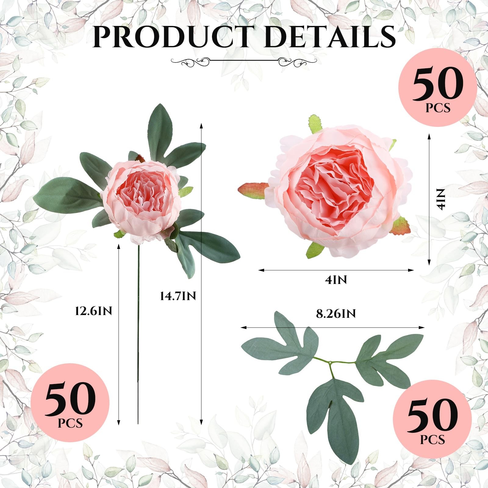 50 PCS Pink Artificial Peonies 4″ Fake Silk Flowers Bridal Bouquet Centerpiece