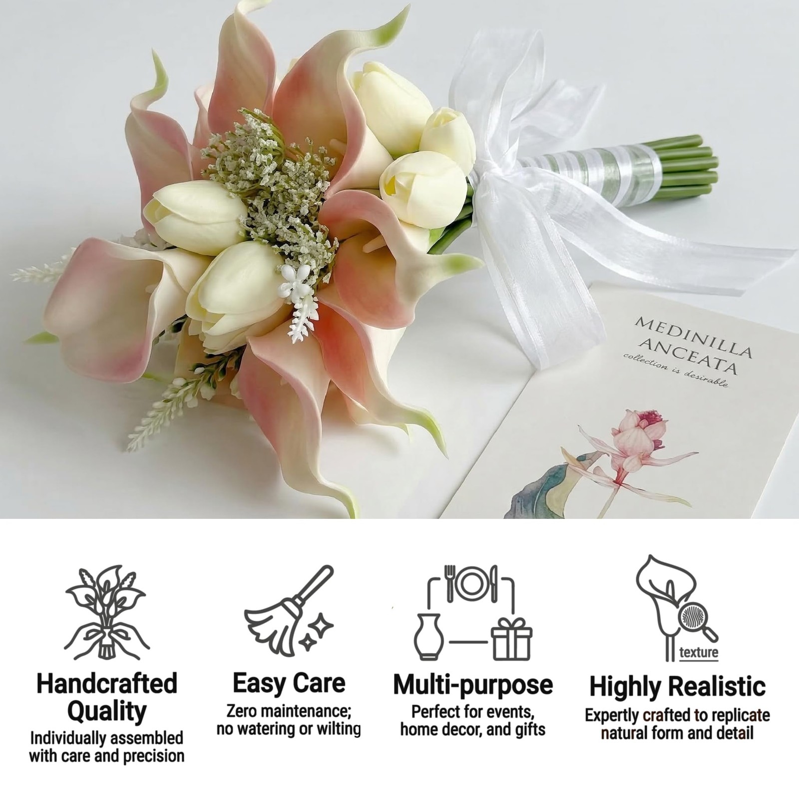 Cream Pink Artificial Calla Lilies Tulip Flowers Bridesmaid Bouquet Set