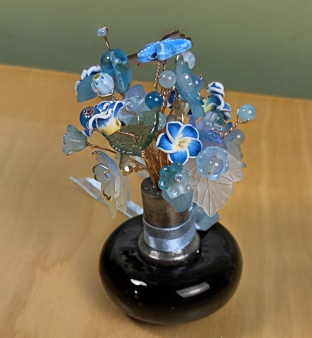 Forever Beaded Flower Bouquet – Glass & Acrylic in Doorknob Vase – OOAK – Blue