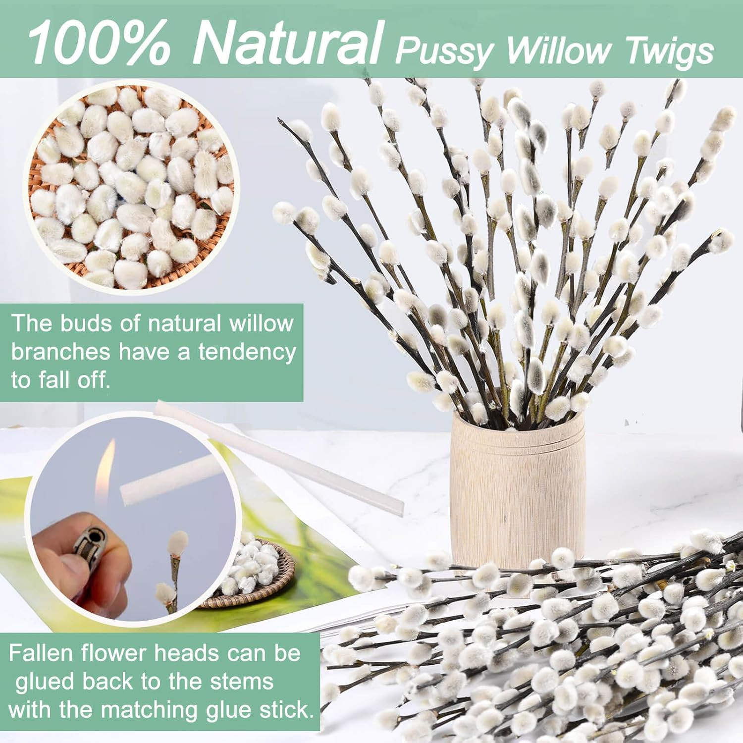 45 Stems 16＂Real Dried Pussy Willow Branches for Vase，100% Natural PussyWillows