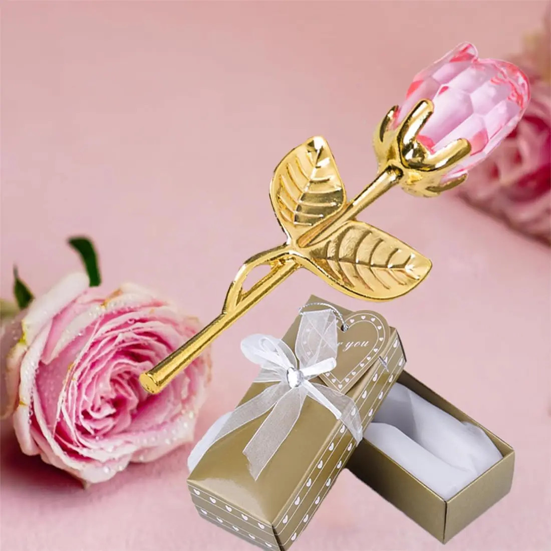 Mini Crystal Glass Rose Flower with Gift Box Aesthetic Artificial Rose Ornament