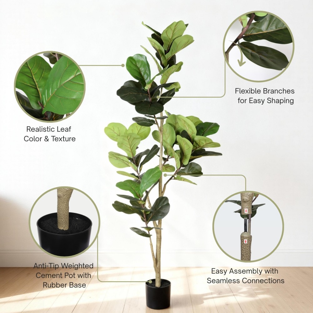 7′ Artificial Fiddle Leaf Fig Tree in Black Plastic Pot