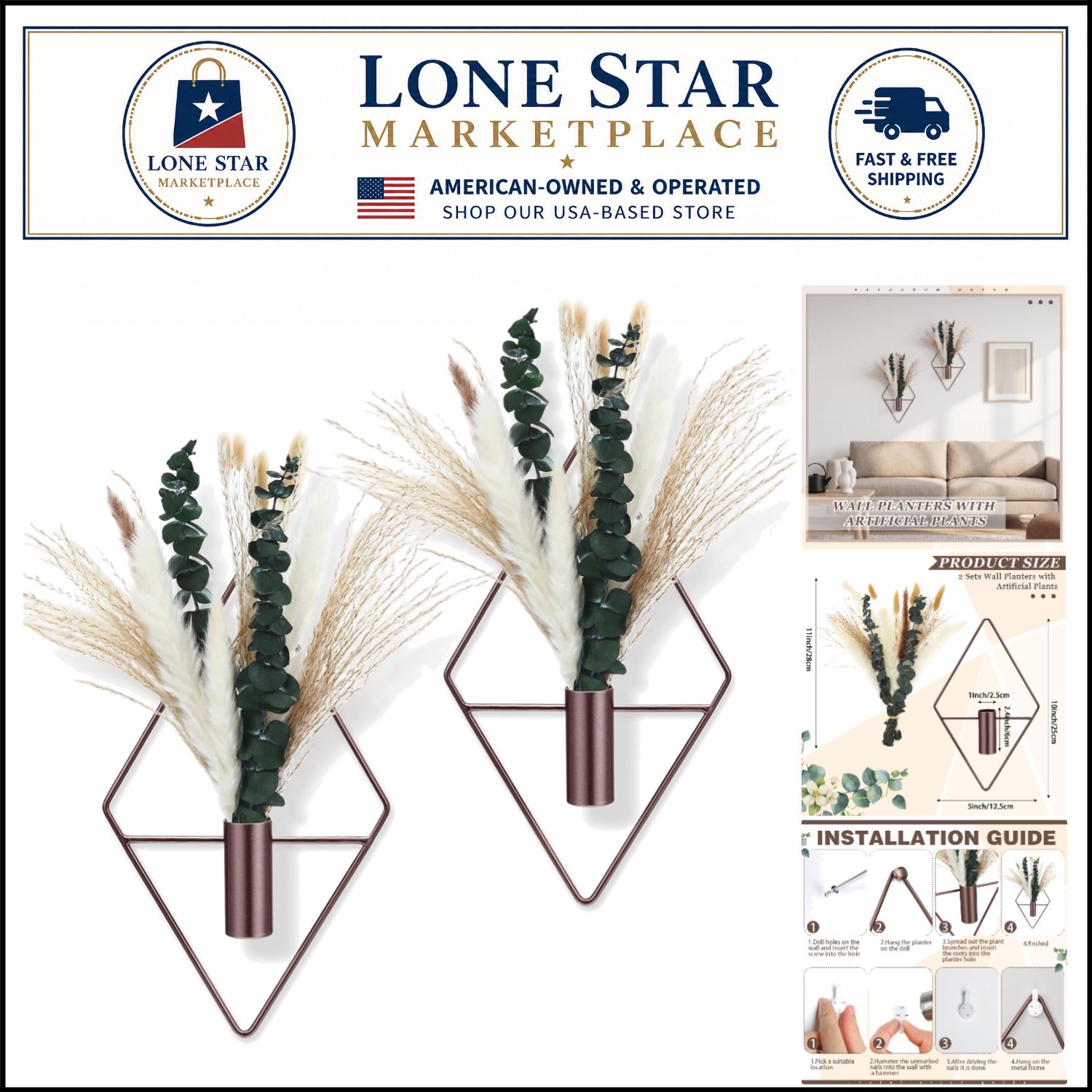 Elegant 4-Pc Metal Hanging Planters with Artificial Eucalyptus & Pampas Grass