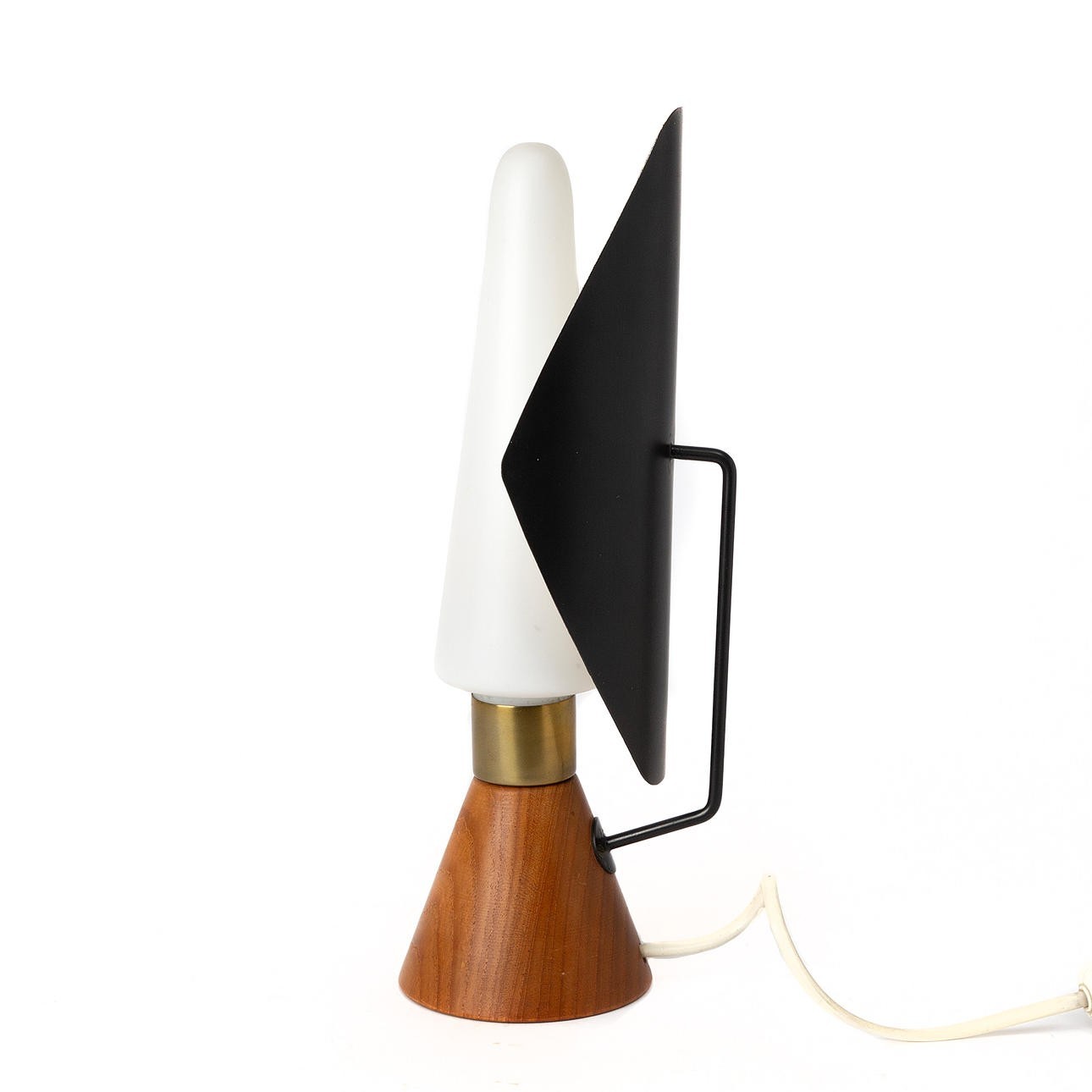Mid-Century Modern Table Lamp | Wood & Brass Desk Light | Opal Glass Shade | Ret