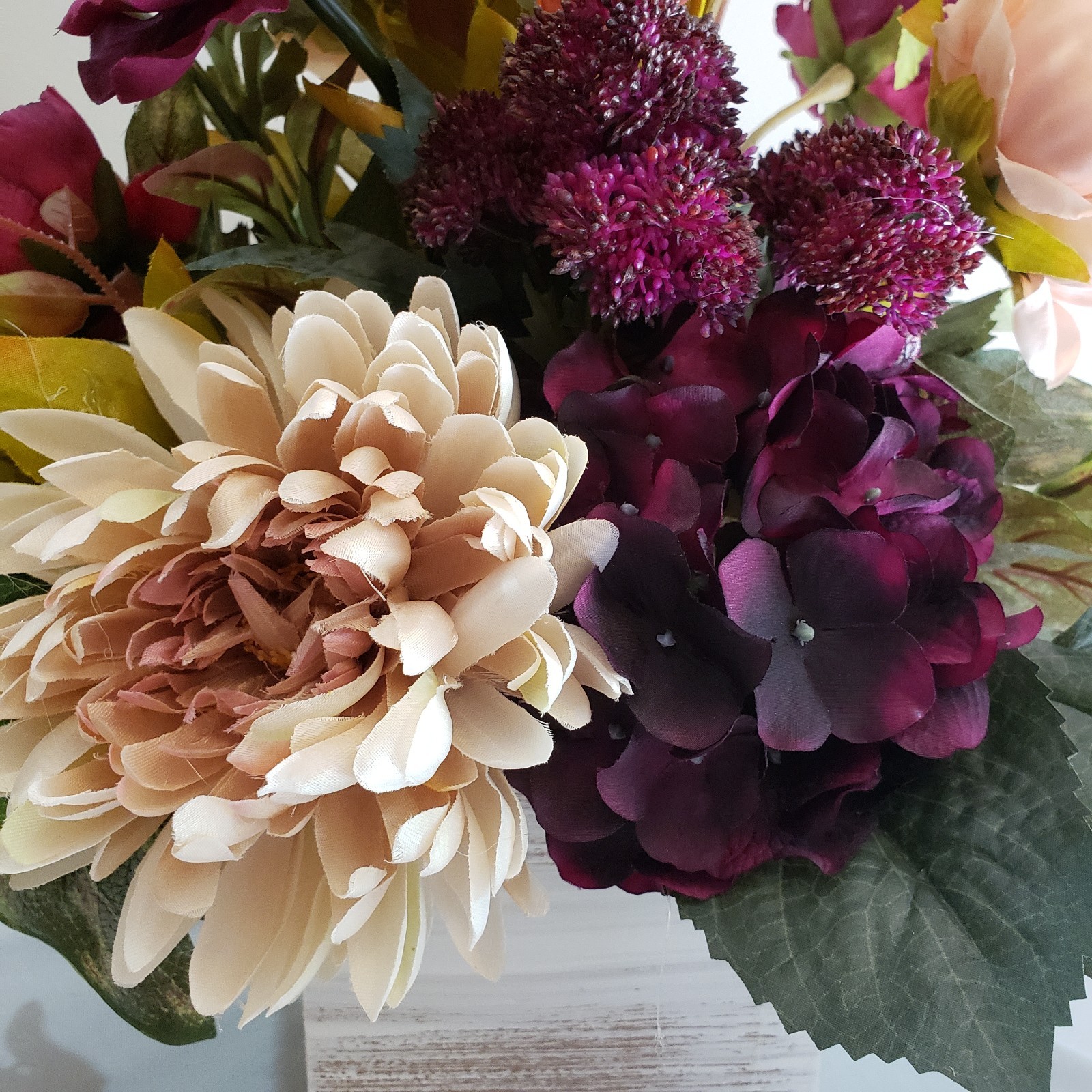 Handmade Silk Flower Centerpiece, Deep Purple Hydrangea, Blush Rose & Mum