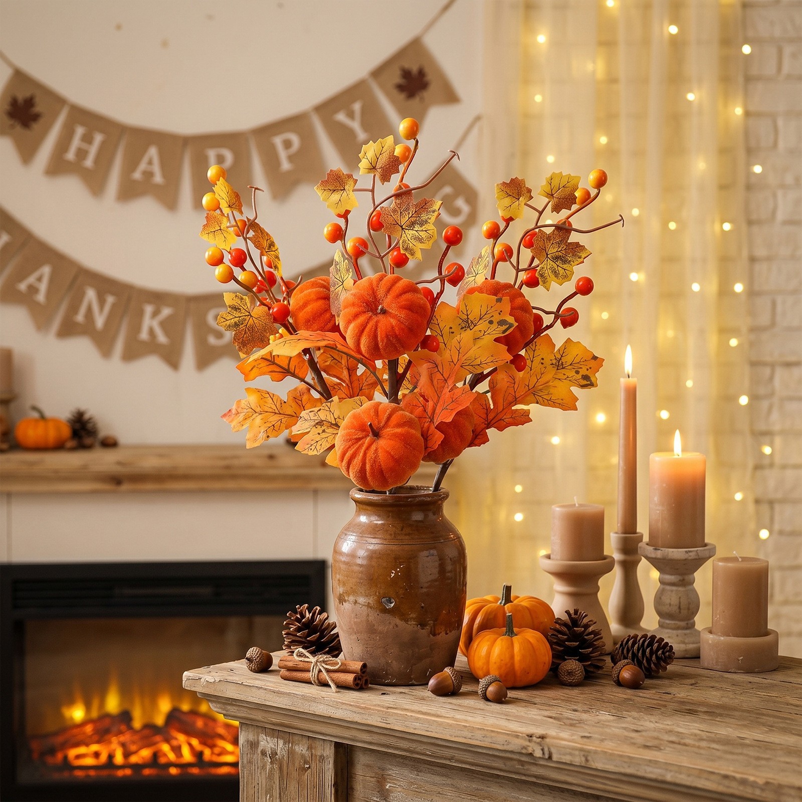 Flocked Autumn Pumpkin Picks 45cm 3 Pack with Silk Maple Leaves Berries