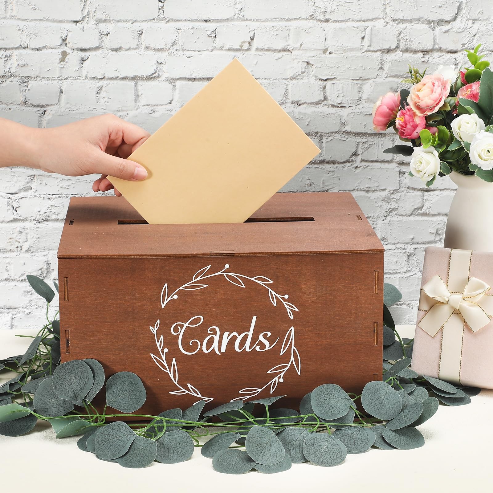 Wooden Wedding Card Box Slot Lid Artificial Eucalyptus Branch Decor