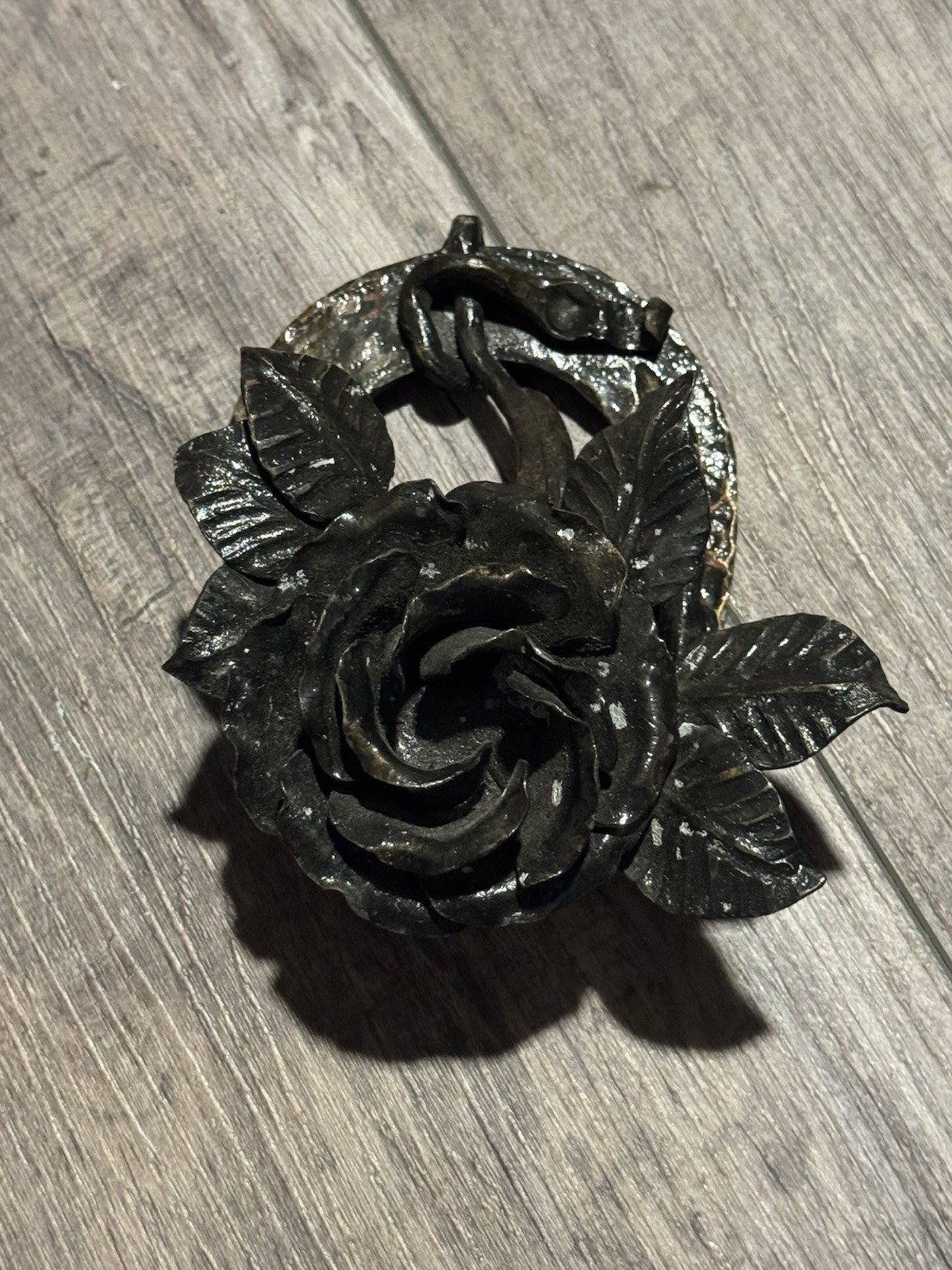 Handcrafted Custom Welded Metal Single Rose on Horseshoe