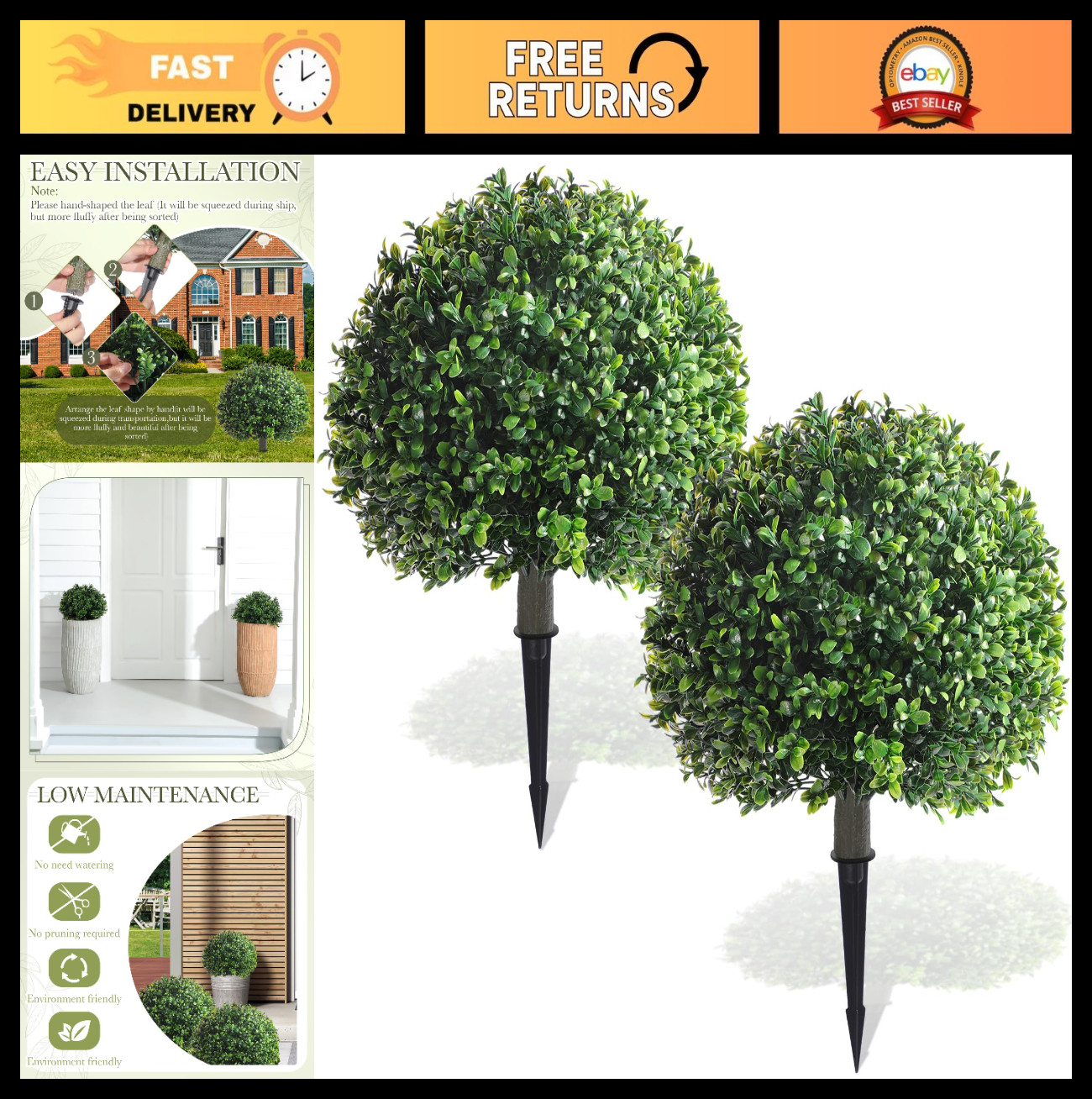 2 Pack 18″ Artificial Boxwood Ball Topiary Trees – UV Resistant Faux Plants for