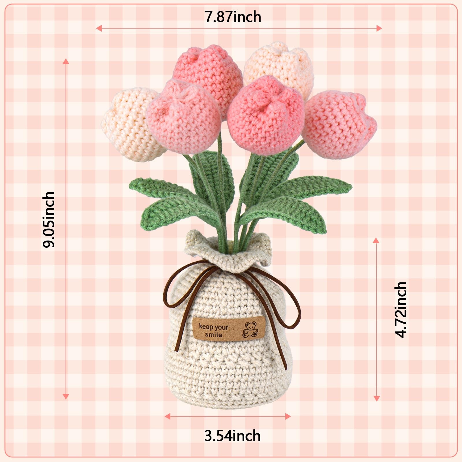 Pink Crochet Flowers Bouquet Knitted Tulips Potted Plant Gift Box And Card