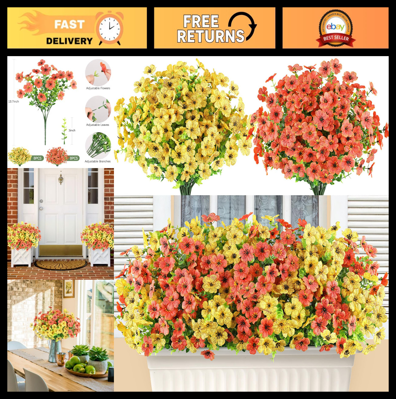 16 Bundles UV Resistant Artificial Flowers – Faux Plants for Outdoor Summer Fall