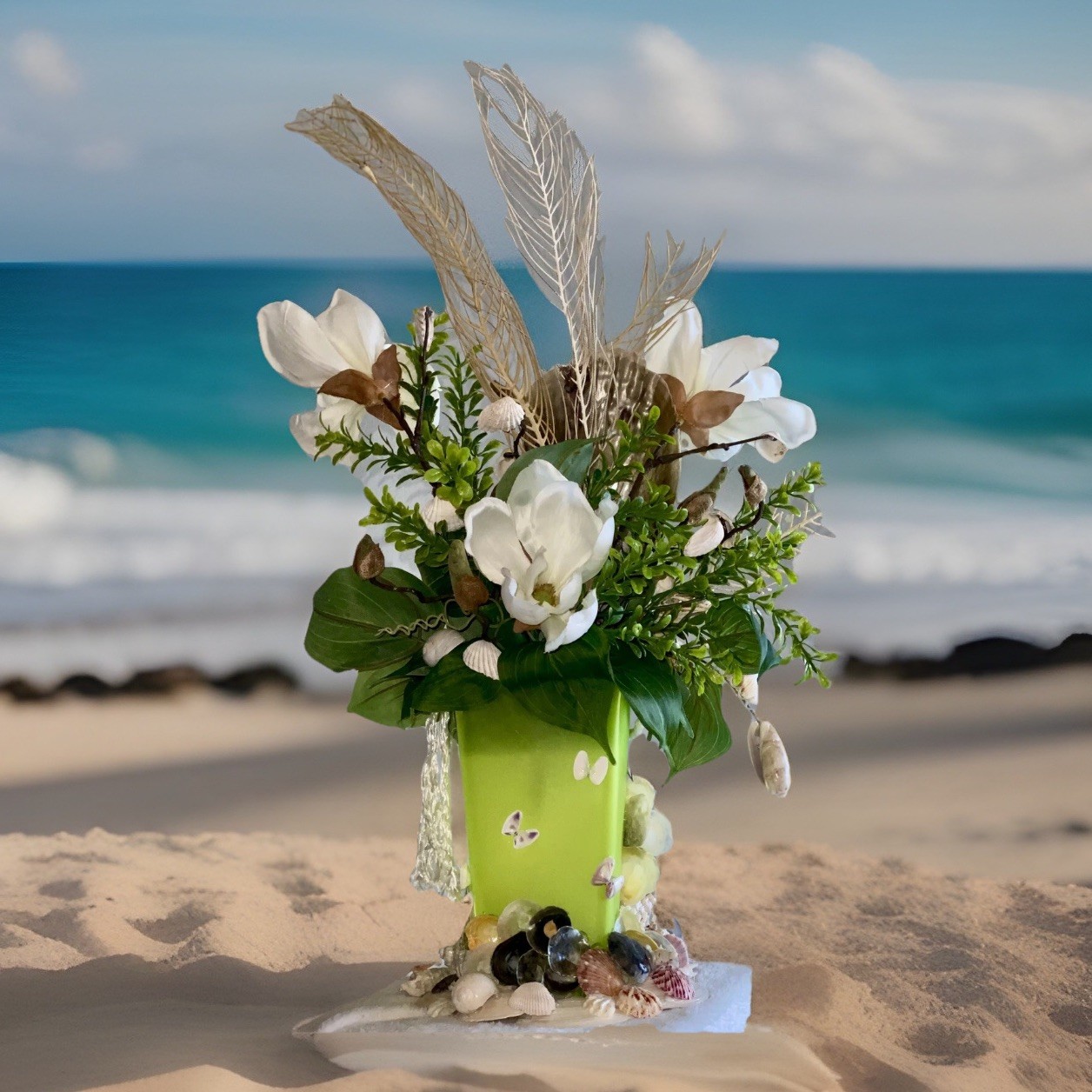 Seashell 23” Floral Arrangement, Sea Shell Vase, Flowers, Nautical, Flowers