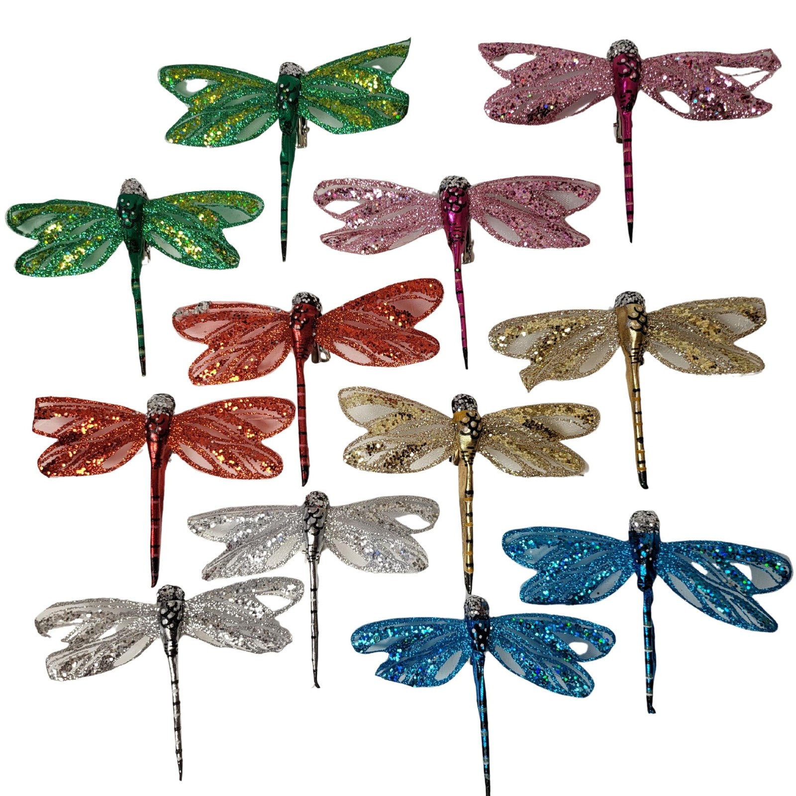 Dragonfly Clip Ons Set of 12, Multicolor Glitter Dragonfly Decorations with M…