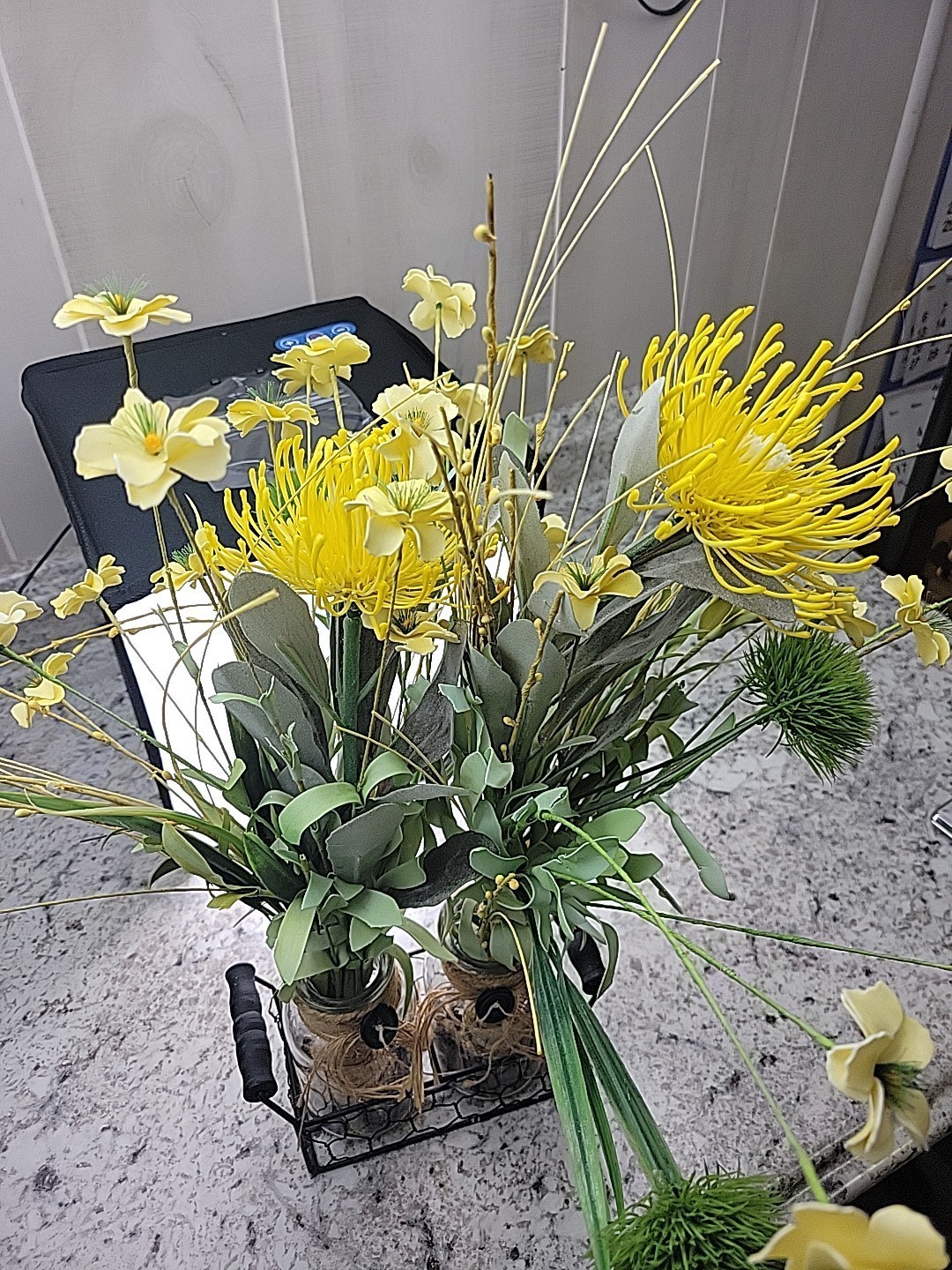Farmhouse Yellow Artificial Flower Arrangement Glass Jars Metal Caddy Rustic…