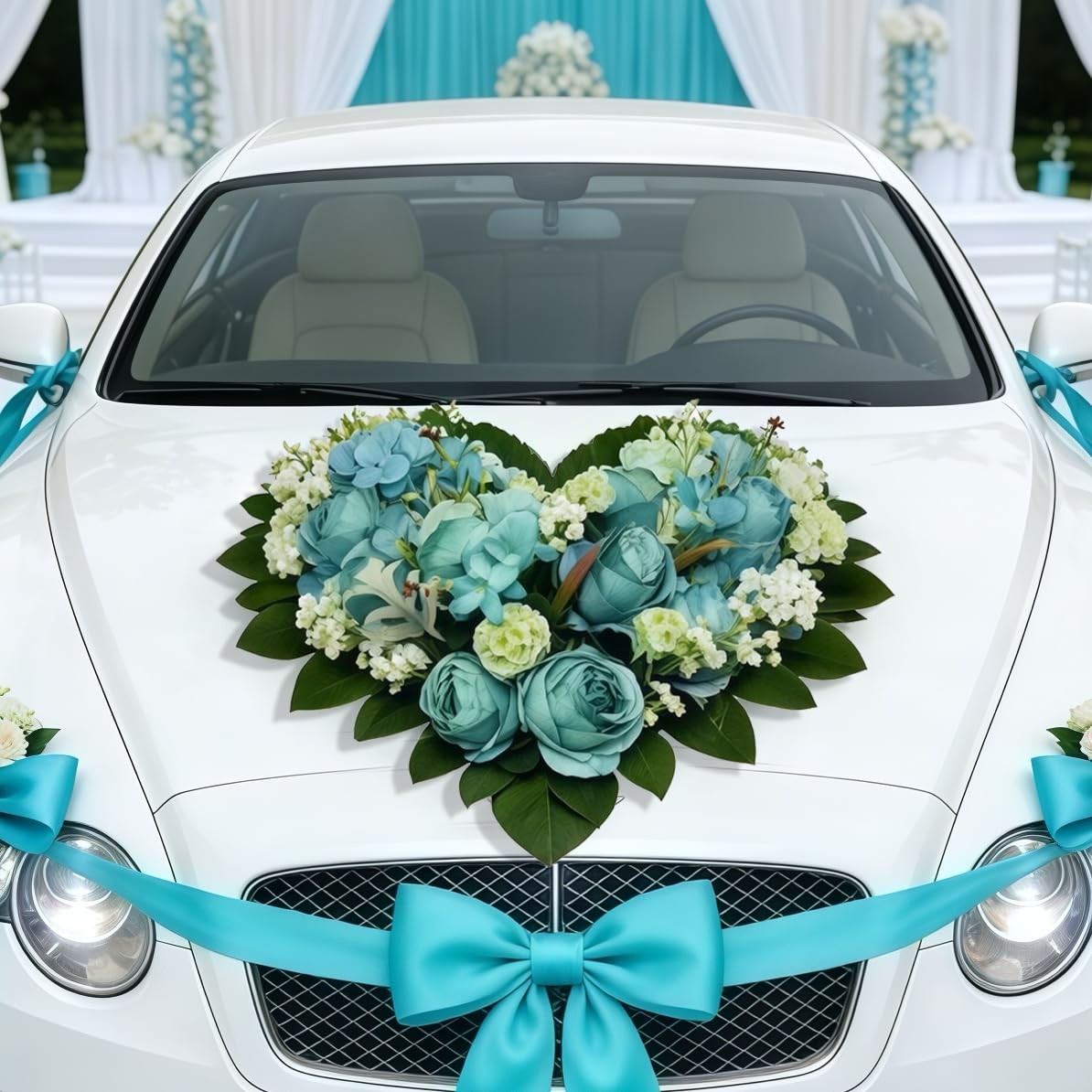 Turquoise Teal Blue Artificial Silk Rose Bouquet White Baby Breath Mixed