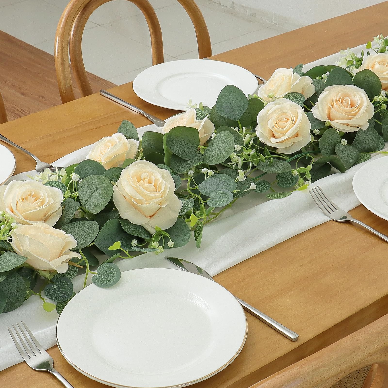 4Pcs(26 Ft) Artificial Eucalyptus Flower Garland with Champagne Rose Flowers,…