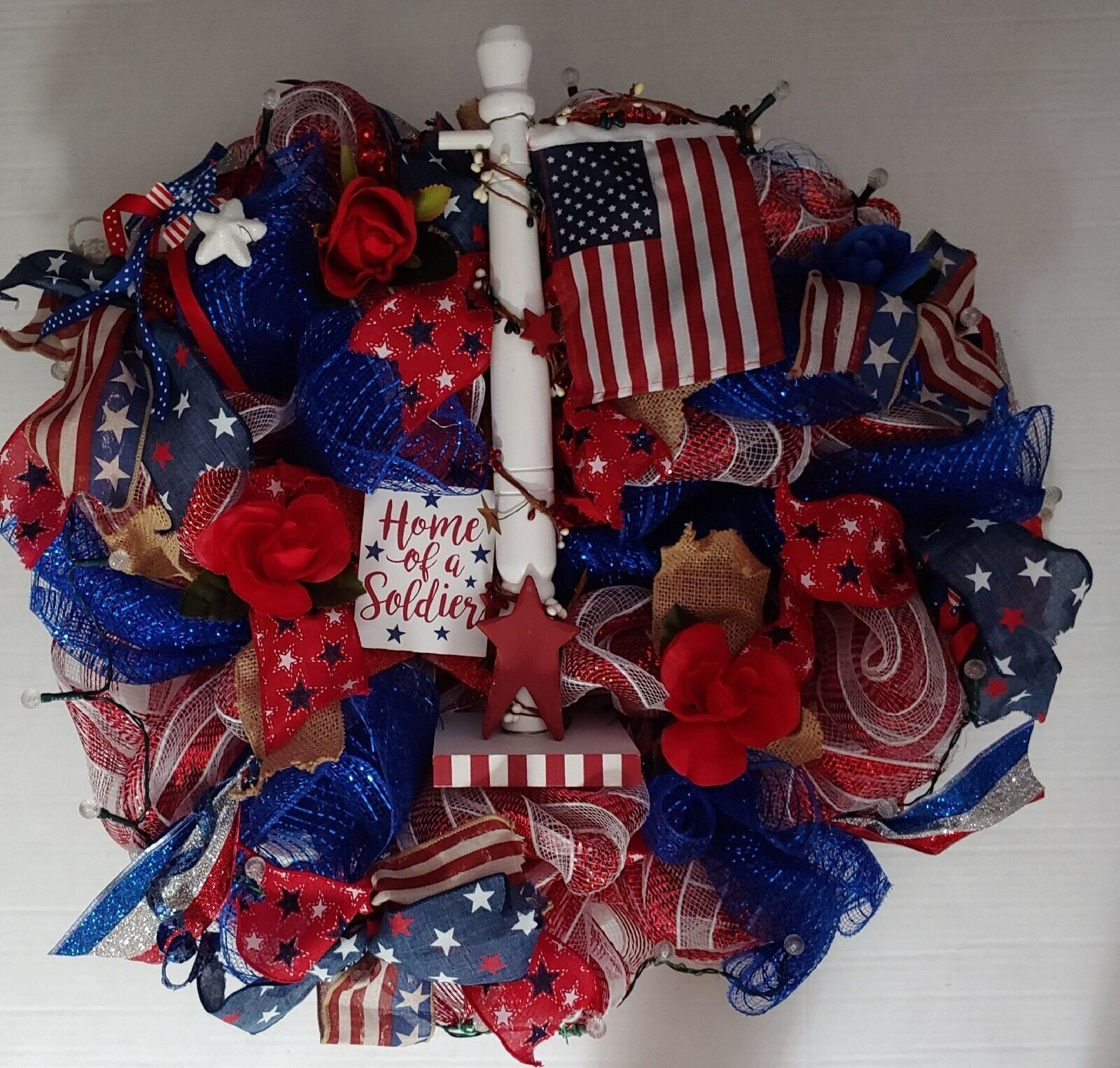 Patriotic Lights Up Red White Stripe Blue Home of A Soldier 24″ Deco Mesh Wreath