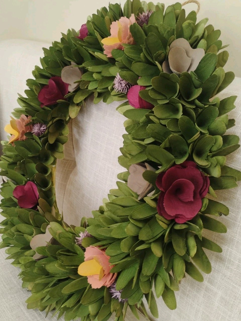 18 in Summer Wreath with Magenta Gray Curled Wood Cut Flowers Green Leaves