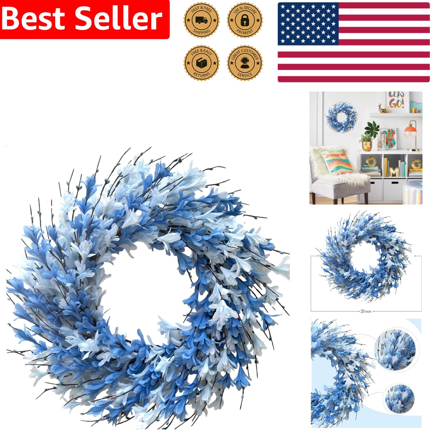 22 Inch Blue Artificial Forsythia Wreath Spring Summer Fall Silk Door