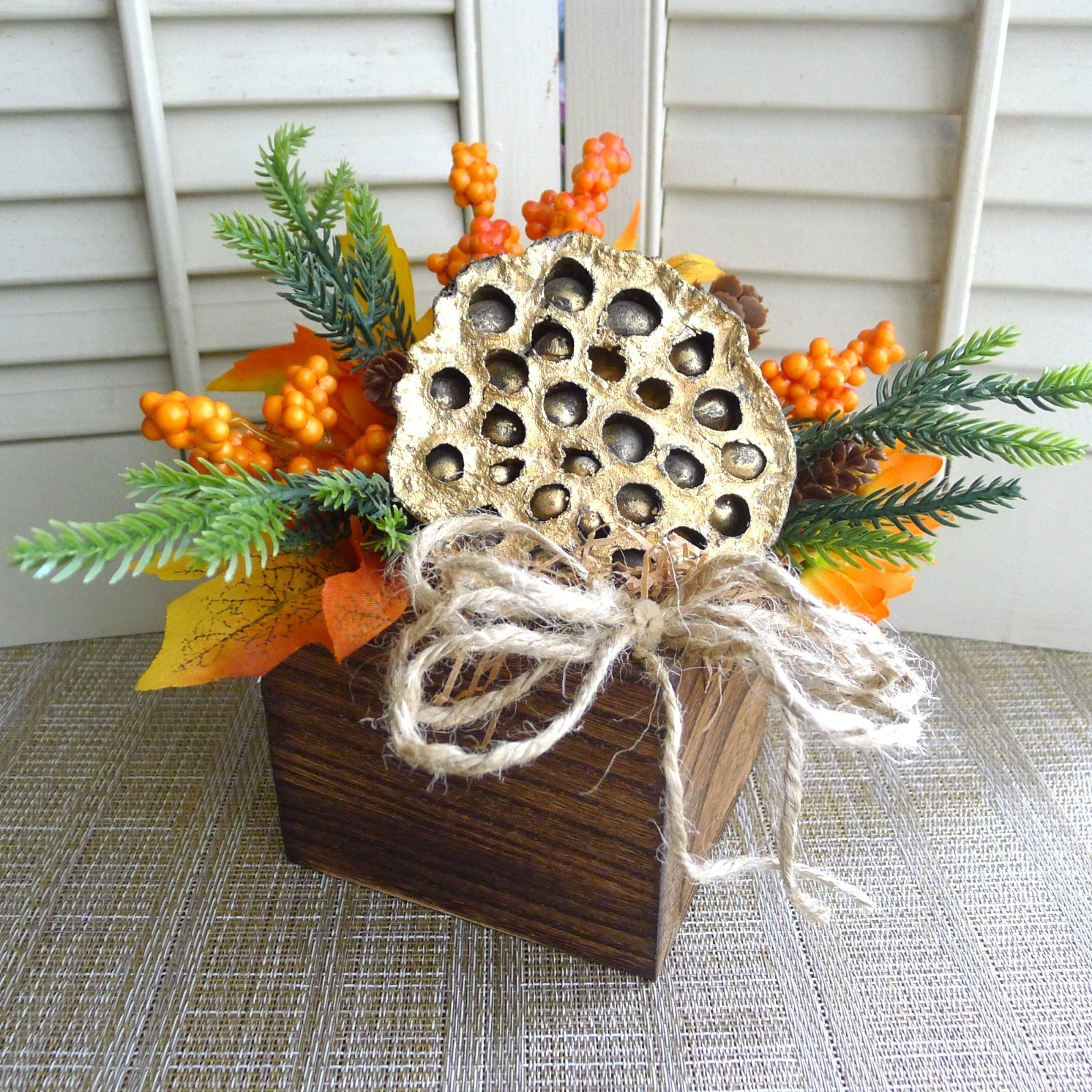Petite Rustic Fall Floral Arrangement, Gold Lotus, Berries, Pine, Autumn Leaves