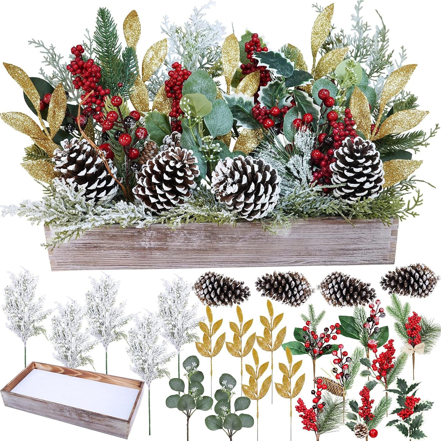 Bulk Rustic Christmas Floral Picks and Pine Cones in Wooden Box – Holiday Table